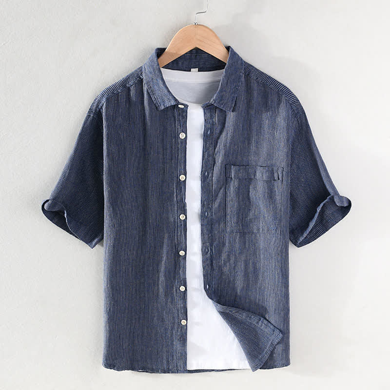 Buddha Stones Camisas de manga corta de lino para hombre, estilo casual de verano, con rayas lisas y bolsillo de parche. - Azul acero - US/UK/AU42, EU52 (3XL) - image 0