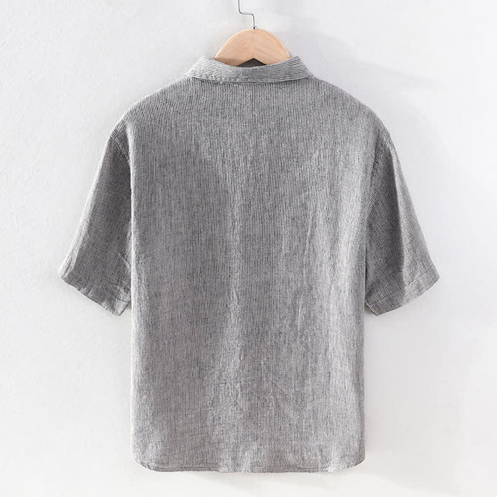 Buddha Stones Camisas de manga corta de lino para hombre, estilo casual de verano, con rayas lisas y bolsillo de parche. - image 8