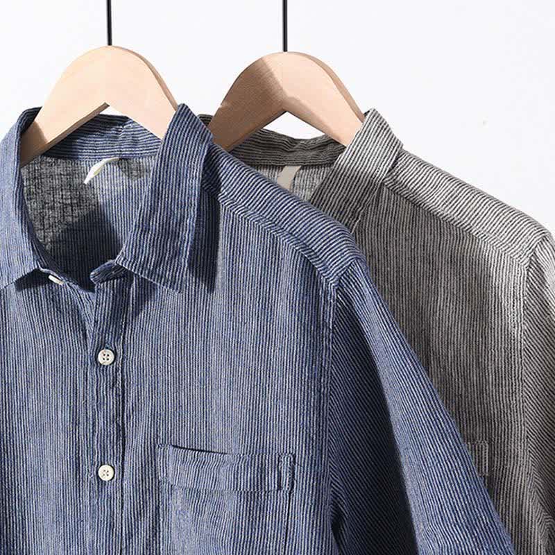 Buddha Stones Camisas de manga corta de lino para hombre, estilo casual de verano, con rayas lisas y bolsillo de parche. - image 21
