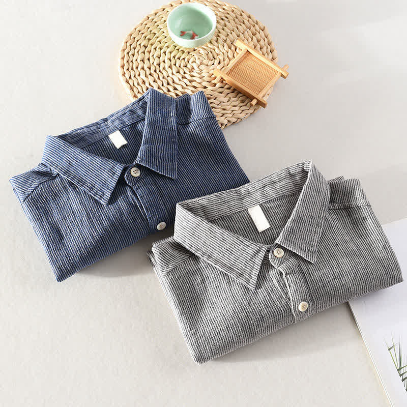 Buddha Stones Camisas de manga corta de lino para hombre, estilo casual de verano, con rayas lisas y bolsillo de parche. - image 19