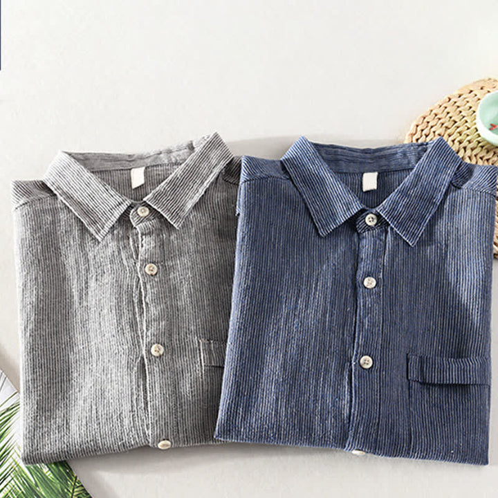 Buddha Stones Camisas de manga corta de lino para hombre, estilo casual de verano, con rayas lisas y bolsillo de parche. - image 20