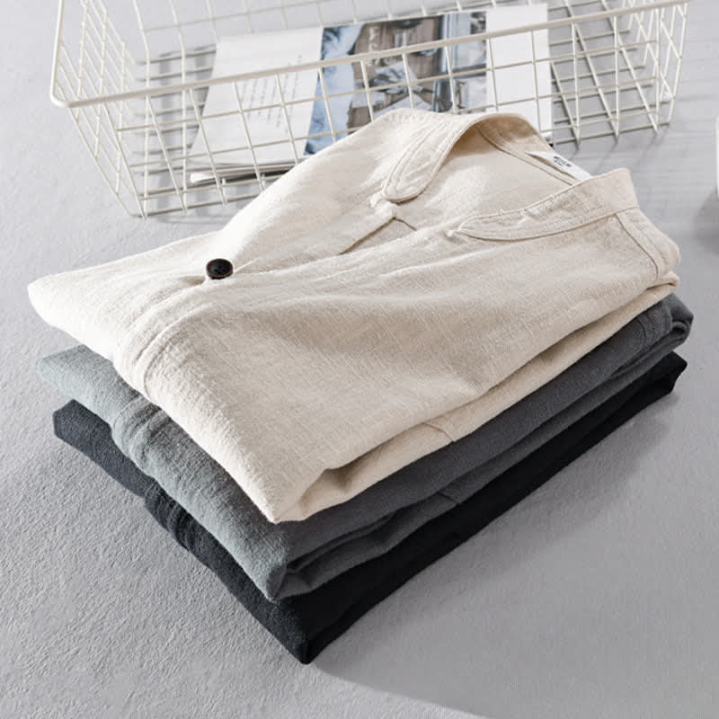 Buddha Stones Camisas de manga larga para hombre de ramio liso con cuello mandarín, estilo casual de primavera y bolsillo. - image 22