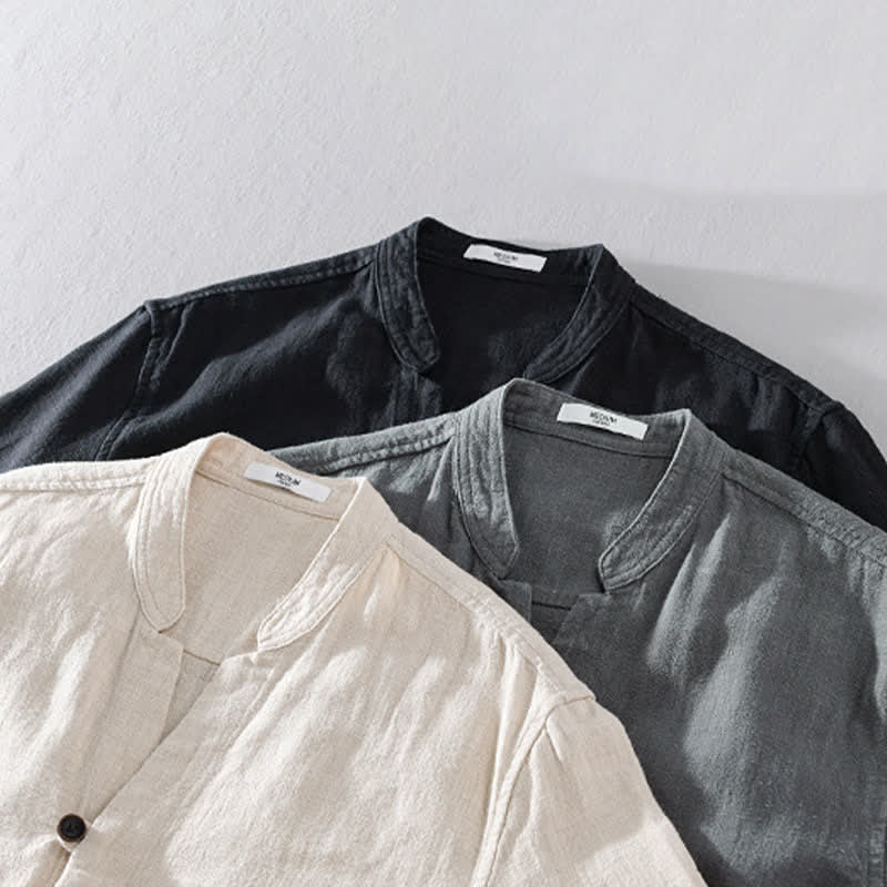 Buddha Stones Camisas de manga larga para hombre de ramio liso con cuello mandarín, estilo casual de primavera y bolsillo. - image 24