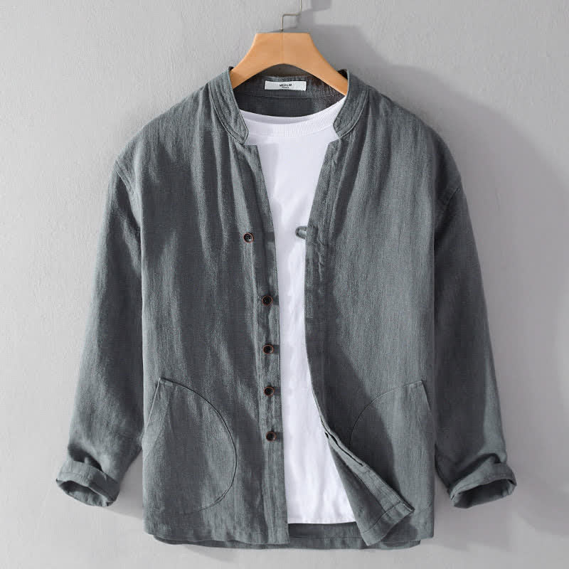 Buddha Stones Camisas de manga larga para hombre de ramio liso con cuello mandarín, estilo casual de primavera y bolsillo. - Gris oscuro - US/UK/AU42, EU52 (3XL) - image 14