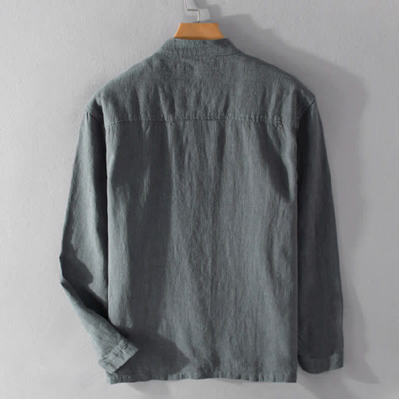 Buddha Stones Camisas de manga larga para hombre de ramio liso con cuello mandarín, estilo casual de primavera y bolsillo. - image 15