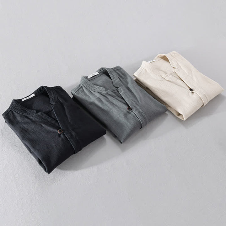 Buddha Stones Camisas de manga larga para hombre de ramio liso con cuello mandarín, estilo casual de primavera y bolsillo. - image 23