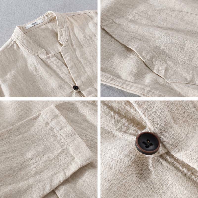 Buddha Stones Camisas de manga larga para hombre de ramio liso con cuello mandarín, estilo casual de primavera y bolsillo. - image 2