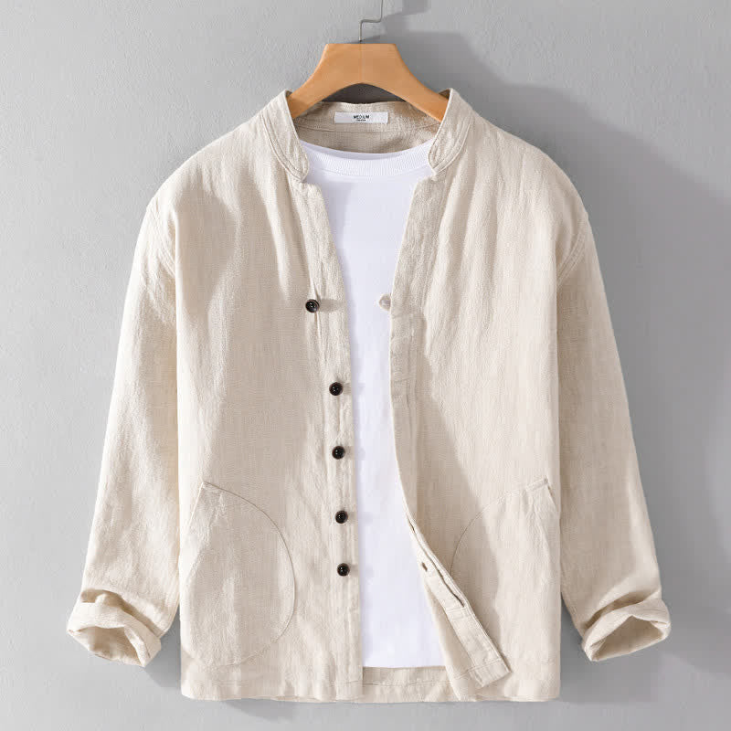 Buddha Stones Camisas de manga larga para hombre de ramio liso con cuello mandarín, estilo casual de primavera y bolsillo. - Caqui - US/UK/AU42, EU52 (3XL) - image 0