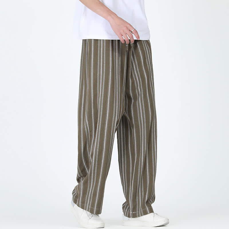 Buddha Stones Pantalones tobilleros de pierna recta para hombre, estilo vintage informal de primavera-verano con cordón ajustable y rayas verticales. - image 1
