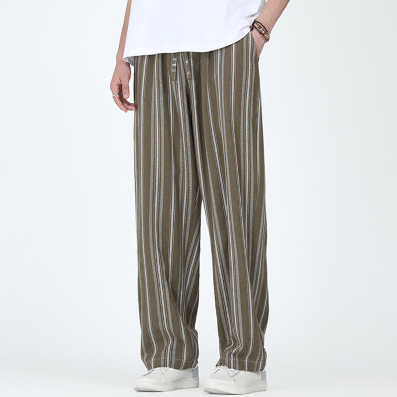 Buddha Stones Pantalones tobilleros de pierna recta para hombre, estilo vintage informal de primavera-verano con cordón ajustable y rayas verticales. - Verde oliva oscuro - US/UK/AU46, EU56 (5XL) - image 0