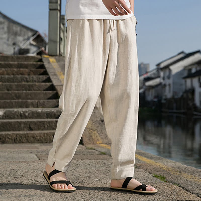 Buddha Stones Pantalones tobilleros de ramio lisos, estilo casual, minimalistas, con cordón ajustable, para hombre, estilo harem, con bolsillo, ideales para primavera y verano. - image 1