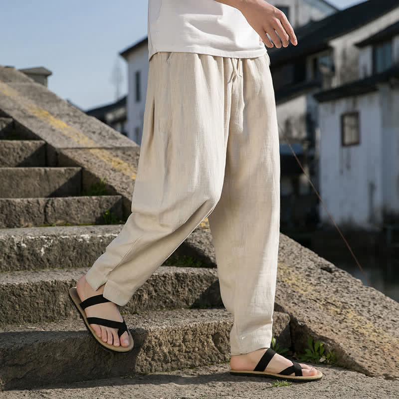 Buddha Stones Pantalones tobilleros de ramio lisos, estilo casual, minimalistas, con cordón ajustable, para hombre, estilo harem, con bolsillo, ideales para primavera y verano. - Blanco antiguo - US/UK/AU44, EU54 (4XL) - image 0