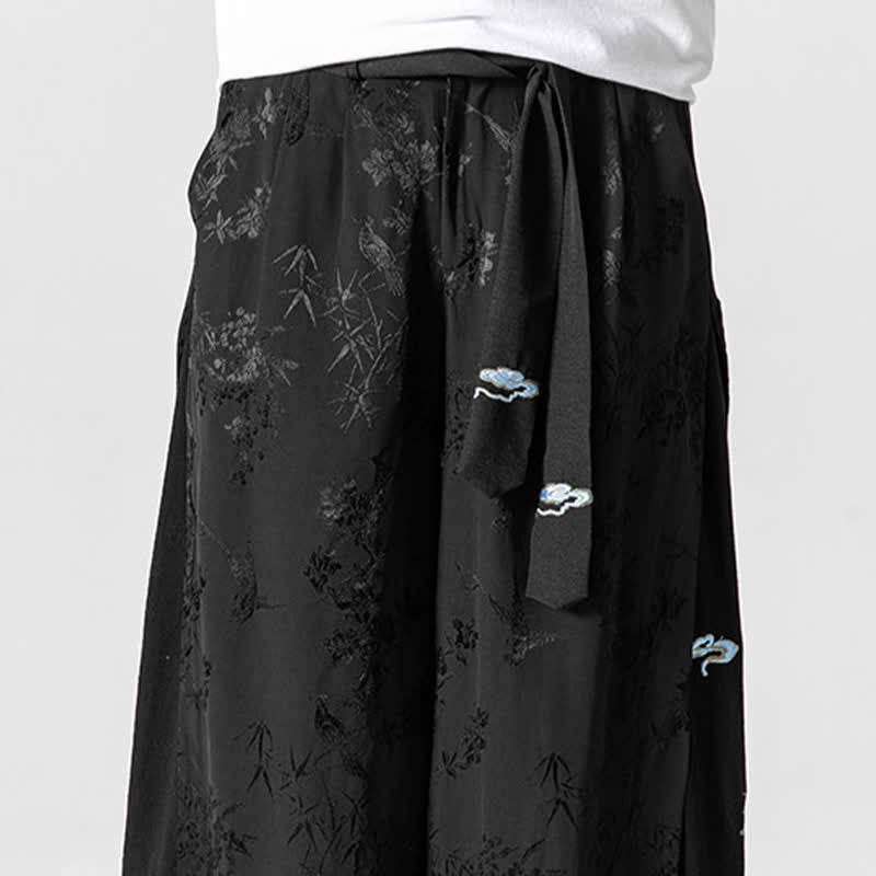 Buddha Stones Pantalones cortos de pierna ancha para hombre con cordón ajustable y bordado abstracto, estilo Tang, ideales para primavera y verano. - image 9