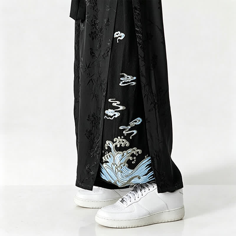 Buddha Stones Pantalones cortos de pierna ancha para hombre con cordón ajustable y bordado abstracto, estilo Tang, ideales para primavera y verano. - image 11