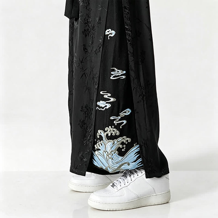 Buddha Stones Pantalones cortos de pierna ancha para hombre con cordón ajustable y bordado abstracto, estilo Tang, ideales para primavera y verano. - image 11