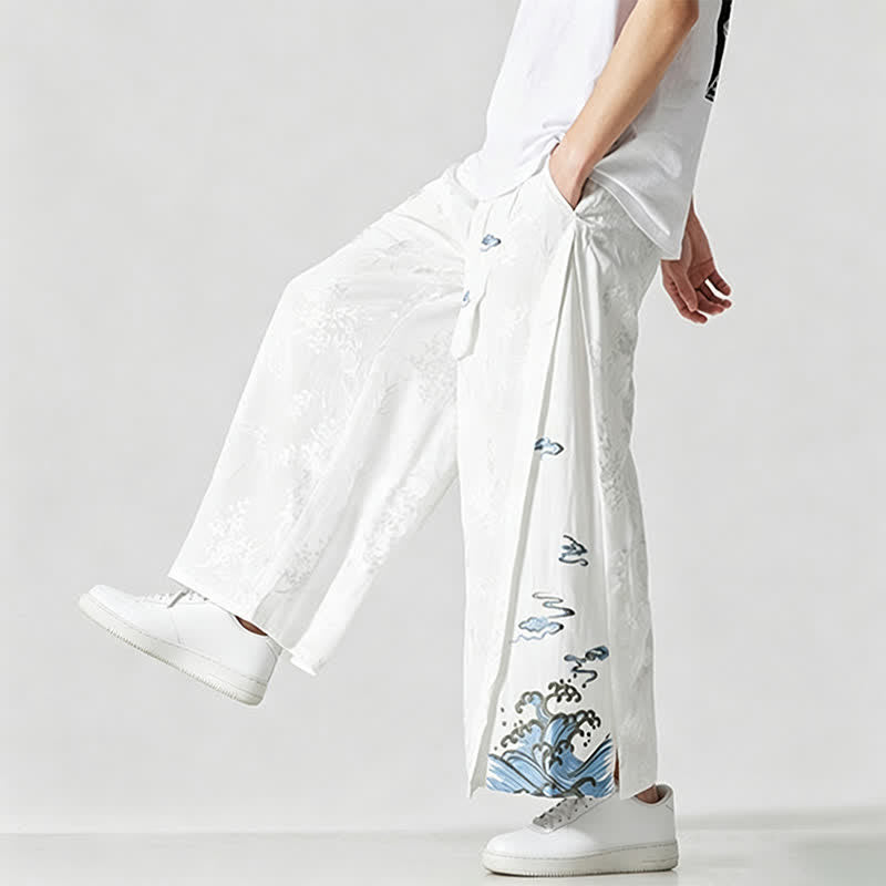 Buddha Stones Pantalones cortos de pierna ancha para hombre con cordón ajustable y bordado abstracto, estilo Tang, ideales para primavera y verano. - image 20