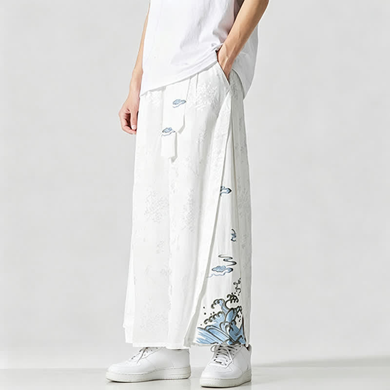 Buddha Stones Pantalones cortos de pierna ancha para hombre con cordón ajustable y bordado abstracto, estilo Tang, ideales para primavera y verano. - image 16
