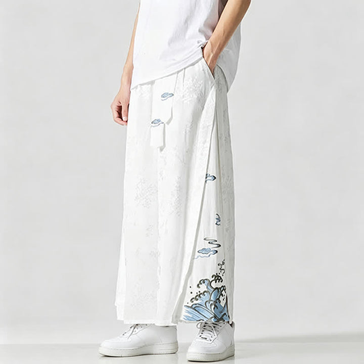 Buddha Stones Pantalones cortos de pierna ancha para hombre con cordón ajustable y bordado abstracto, estilo Tang, ideales para primavera y verano. - image 16