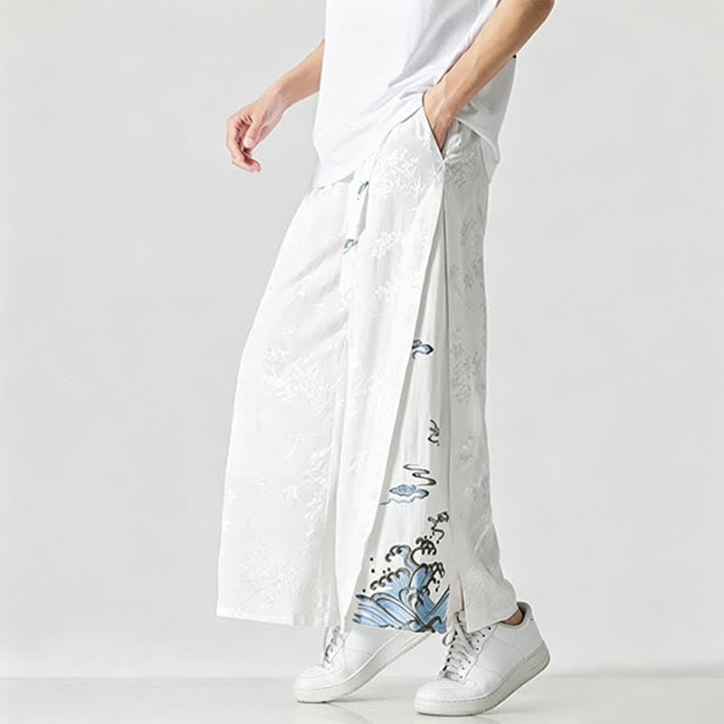 Buddha Stones Pantalones cortos de pierna ancha para hombre con cordón ajustable y bordado abstracto, estilo Tang, ideales para primavera y verano. - image 18