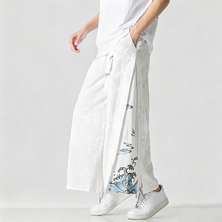Buddha Stones Pantalones cortos de pierna ancha para hombre con cordón ajustable y bordado abstracto, estilo Tang, ideales para primavera y verano. - image 18