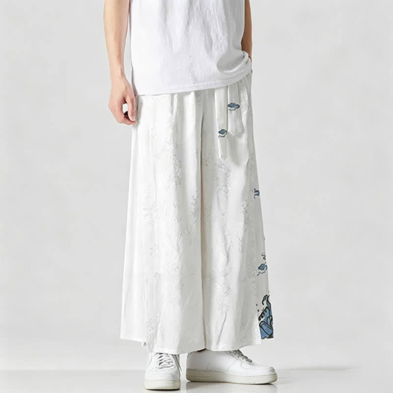 Buddha Stones Pantalones cortos de pierna ancha para hombre con cordón ajustable y bordado abstracto, estilo Tang, ideales para primavera y verano. - image 19