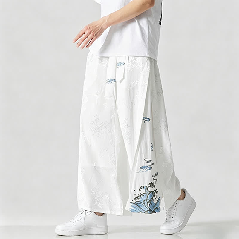 Buddha Stones Pantalones cortos de pierna ancha para hombre con cordón ajustable y bordado abstracto, estilo Tang, ideales para primavera y verano. - image 14