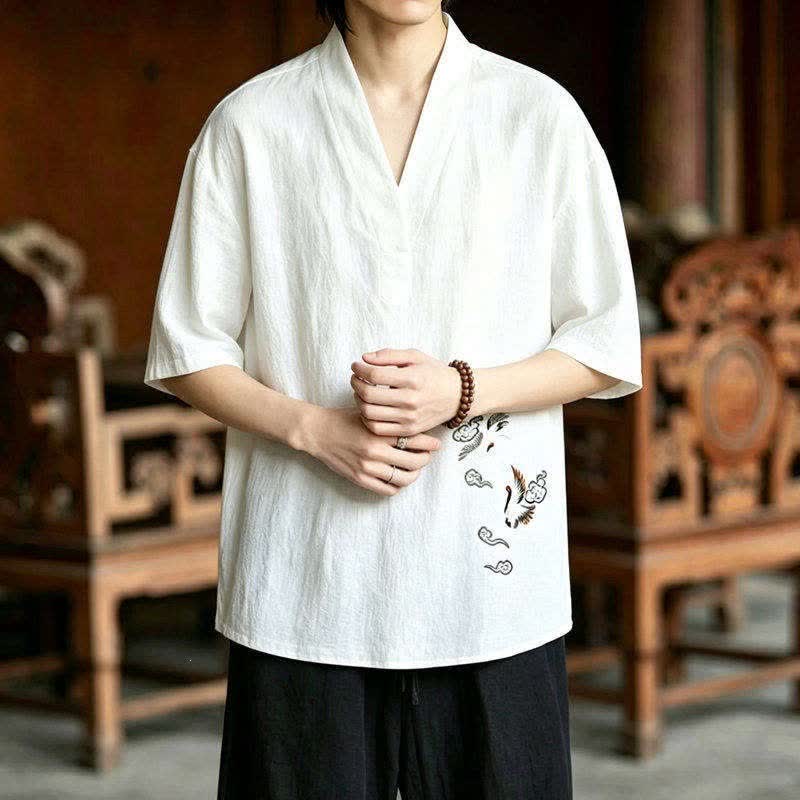 Buddha Stones Conjunto de 2 piezas de camisas y pantalones cortos de manga corta con bordado de grulla estilo Tang para meditación, ideales para hombres, con bolsillos. - image 7
