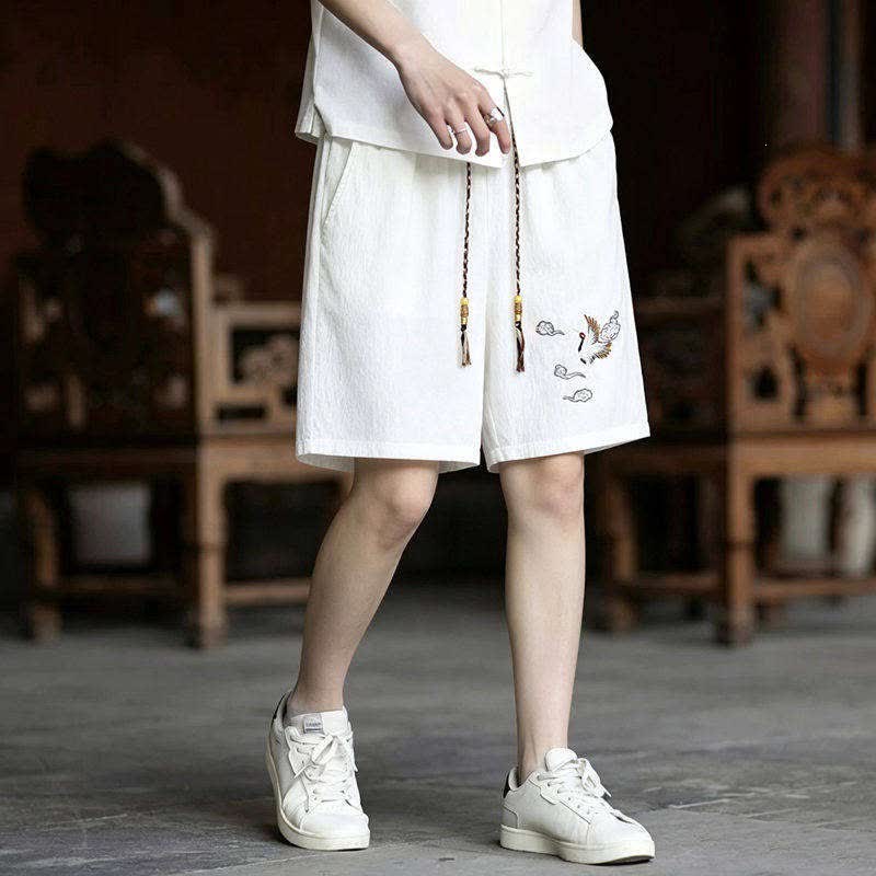 Buddha Stones Conjunto de 2 piezas de camisas y pantalones cortos de manga corta con bordado de grulla estilo Tang para meditación, ideales para hombres, con bolsillos. - image 10