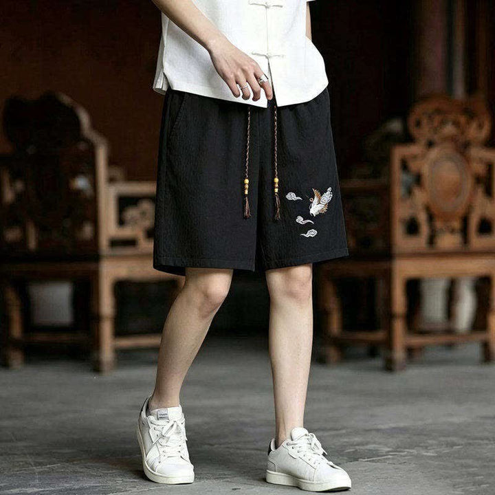 Buddha Stones Conjunto de 2 piezas de camisas y pantalones cortos de manga corta con bordado de grulla estilo Tang para meditación, ideales para hombres, con bolsillos. - image 2