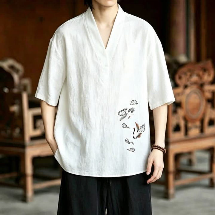 Buddha Stones Conjunto de 2 piezas de camisas y pantalones cortos de manga corta con bordado de grulla estilo Tang para meditación, ideales para hombres, con bolsillos. - image 8