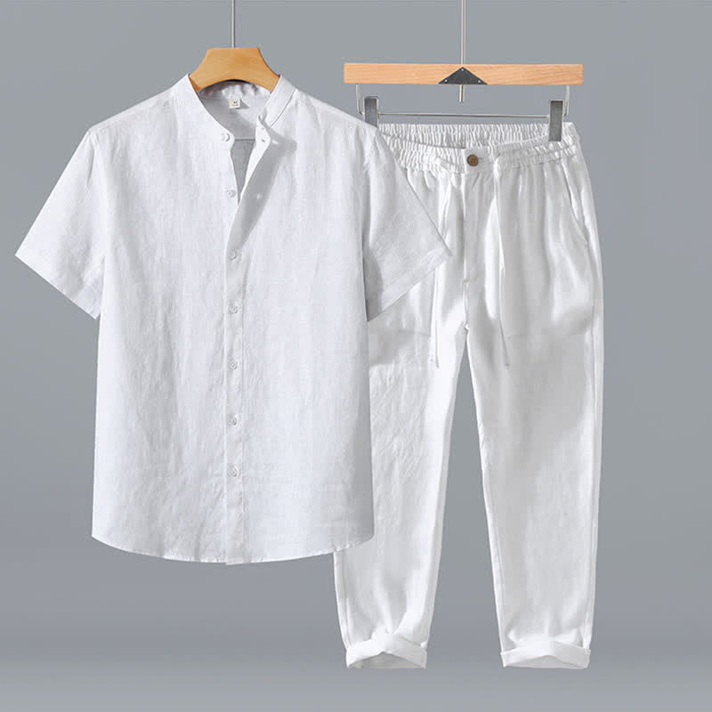 Buddha Stones Conjunto de 2 piezas de ropa de meditación estilo Tang de verano, camisa de lino de manga corta con cuello mandarín y botones, para hombre, con bolsillo. - Camisa blanca + pantalón - US/UK/AU42, EU52 (3XL) - image 19