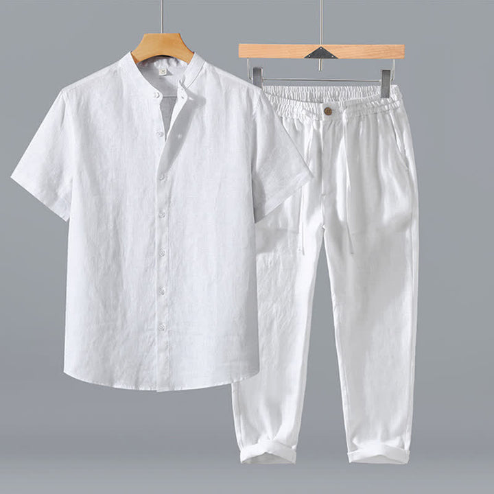 Buddha Stones Conjunto de 2 piezas de ropa de meditación estilo Tang de verano, camisa de lino de manga corta con cuello mandarín y botones, para hombre, con bolsillo. - Camisa blanca + pantalón - US/UK/AU42, EU52 (3XL) - image 19