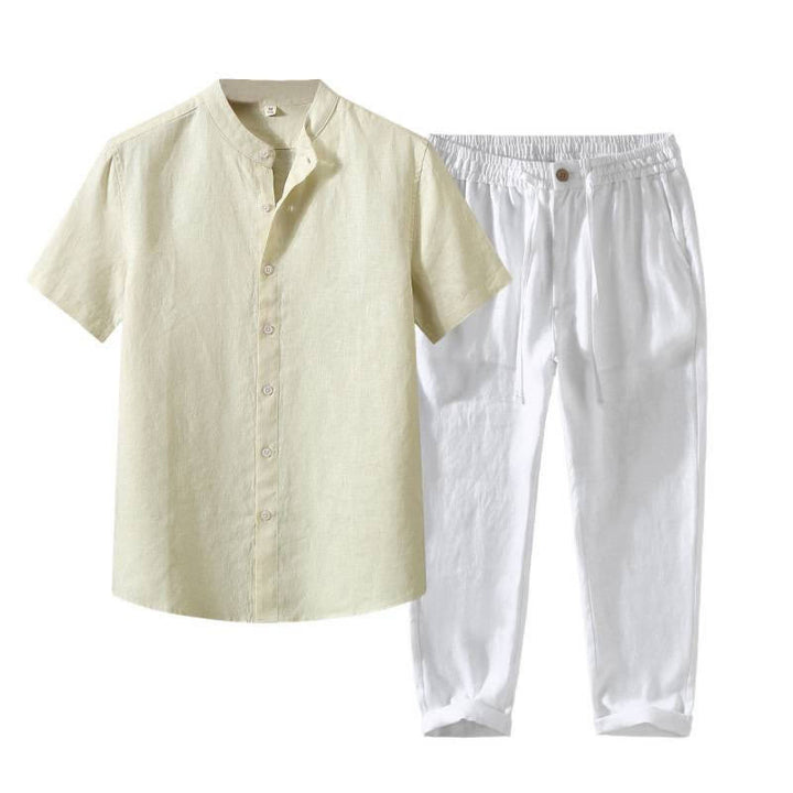 Buddha Stones Conjunto de 2 piezas de ropa de meditación estilo Tang de verano, camisa de lino de manga corta con cuello mandarín y botones, para hombre, con bolsillo. - image 18