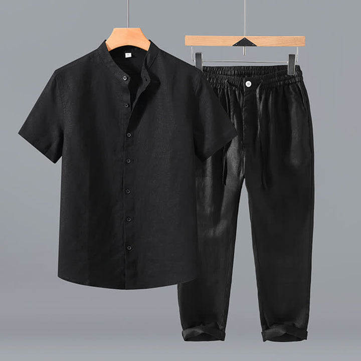Buddha Stones Conjunto de 2 piezas de ropa de meditación estilo Tang de verano, camisa de lino de manga corta con cuello mandarín y botones, para hombre, con bolsillo. - Camisa negra + pantalones - US/UK/AU42, EU52 (3XL) - image 1