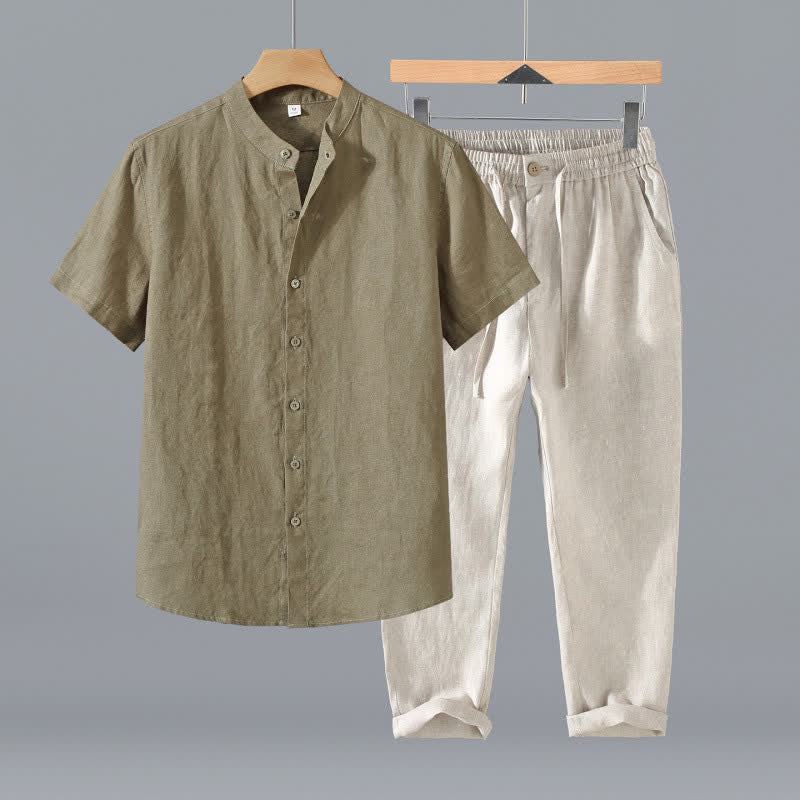 Buddha Stones Conjunto de 2 piezas de ropa de meditación estilo Tang de verano, camisa de lino de manga corta con cuello mandarín y botones, para hombre, con bolsillo. - Camisa caqui oscuro + pantalones beige - US/UK/AU42, EU52 (3XL) - image 2