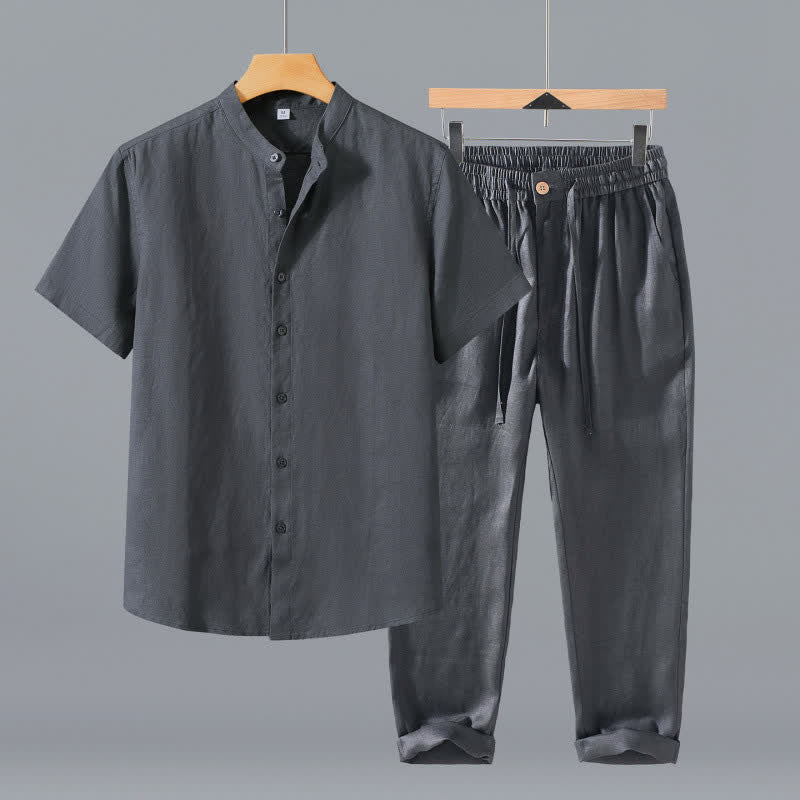 Buddha Stones Conjunto de 2 piezas de ropa de meditación estilo Tang de verano, camisa de lino de manga corta con cuello mandarín y botones, para hombre, con bolsillo. - Camisa y pantalón grises - US/UK/AU42, EU52 (3XL) - image 0
