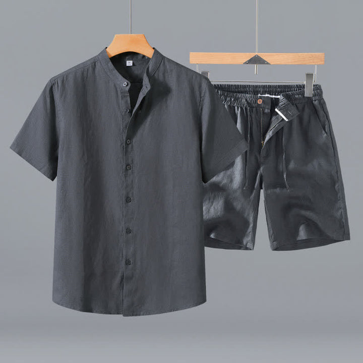 Buddha Stones Conjunto de 2 piezas: Camisa de lino liso de manga corta con cuello mandarín y botones, ideal para el verano. También disponible como prenda de meditación para hombre con bolsillo. - Camisa gris + pantalones cortos - US/UK/AU42, EU52 (3XL) - image 9