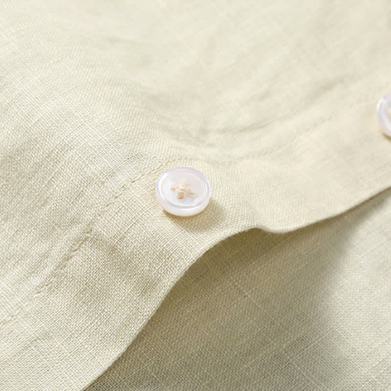 Buddha Stones Conjunto de 2 piezas: Camisa de lino liso de manga corta con cuello mandarín y botones, ideal para el verano. También disponible como prenda de meditación para hombre con bolsillo. - image 14