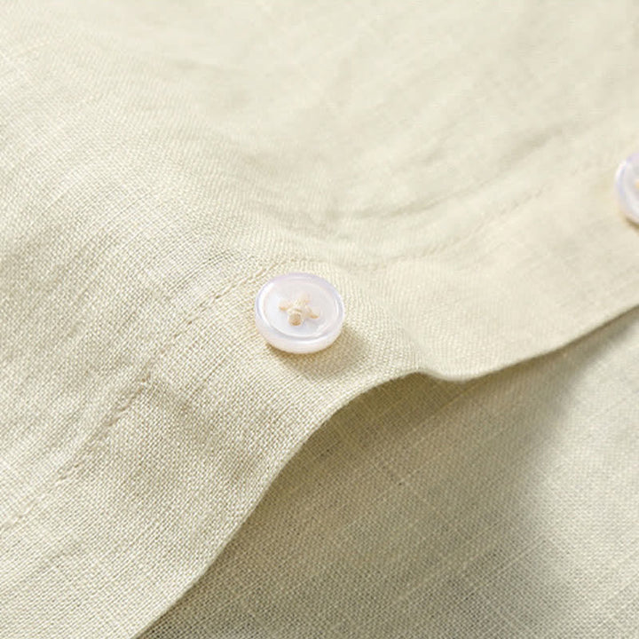 Buddha Stones Conjunto de 2 piezas: Camisa de lino liso de manga corta con cuello mandarín y botones, ideal para el verano. También disponible como prenda de meditación para hombre con bolsillo. - image 14