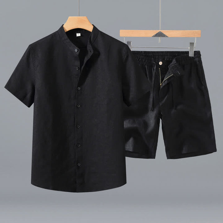 Buddha Stones Conjunto de 2 piezas: Camisa de lino liso de manga corta con cuello mandarín y botones, ideal para el verano. También disponible como prenda de meditación para hombre con bolsillo. - Camisa negra + pantalones cortos - US/UK/AU42, EU52 (3XL) - image 8