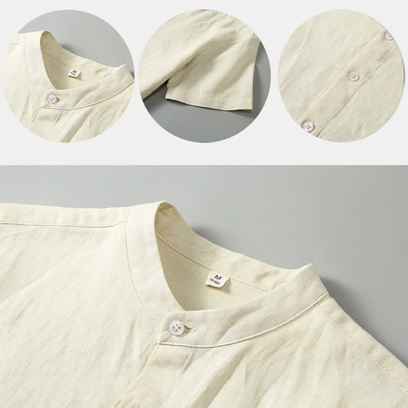 Buddha Stones Conjunto de 2 piezas: Camisa de lino liso de manga corta con cuello mandarín y botones, ideal para el verano. También disponible como prenda de meditación para hombre con bolsillo. - image 12