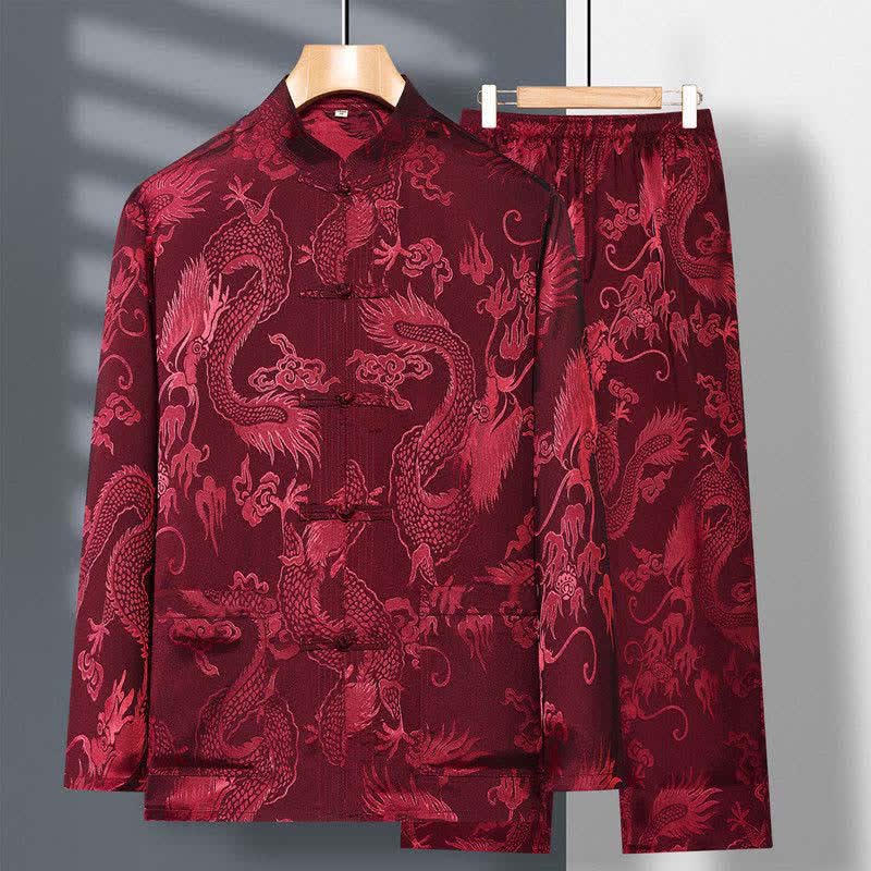 Conjunto de 2 piezas de camisa y pantalones de manga larga con botones de rana y dragón para hombre con Buddha Stones - Ladrillo refractario - US/UK/AU42, EU52 (3XL) - image 4
