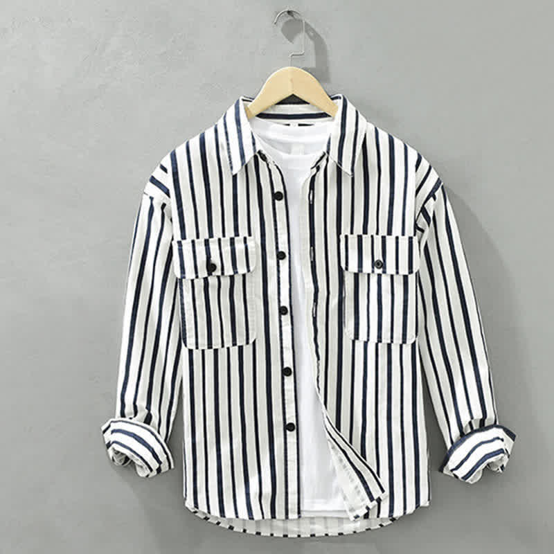 Buddha Stones Camisa de manga larga a rayas para hombre, estilo casual de primavera, con botones y bolsillo. - Blanco - US/UK/AU42, EU52 (3XL) - image 0