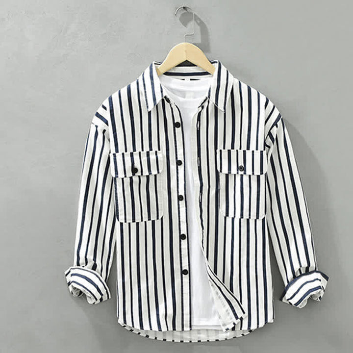 Buddha Stones Camisa de manga larga a rayas para hombre, estilo casual de primavera, con botones y bolsillo. - Blanco - US/UK/AU42, EU52 (3XL) - image 0