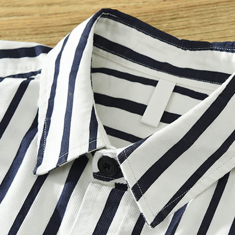 Buddha Stones Camisa de manga larga a rayas para hombre, estilo casual de primavera, con botones y bolsillo. - image 2