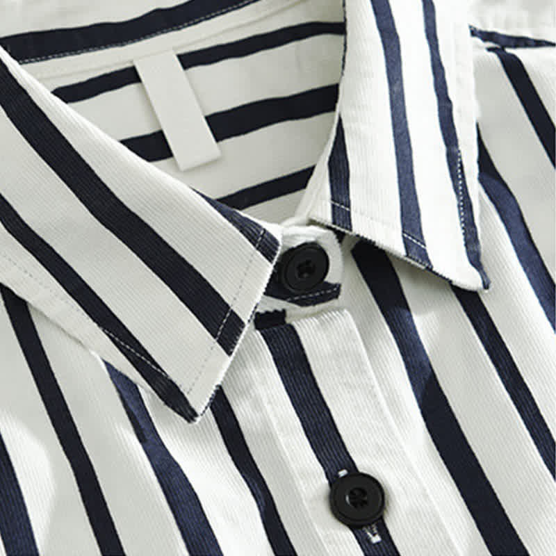 Buddha Stones Camisa de manga larga a rayas para hombre, estilo casual de primavera, con botones y bolsillo. - image 3