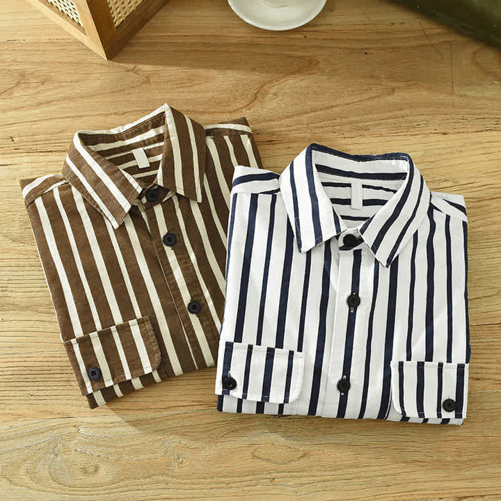 Buddha Stones Camisa de manga larga a rayas para hombre, estilo casual de primavera, con botones y bolsillo. - image 15