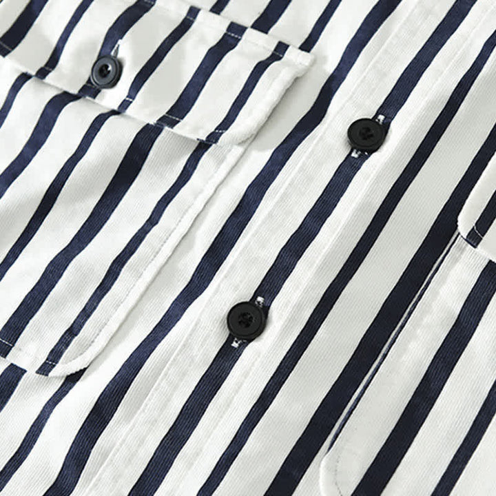 Buddha Stones Camisa de manga larga a rayas para hombre, estilo casual de primavera, con botones y bolsillo. - image 6