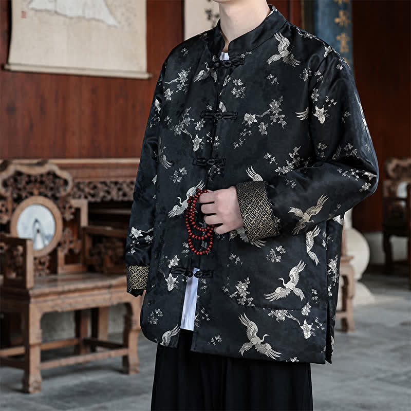 Buddha Stones Chaquetas de hombre estilo Tang vintage con cuello mandarín y estampado de grullas, ideales para otoño e invierno. - image 3