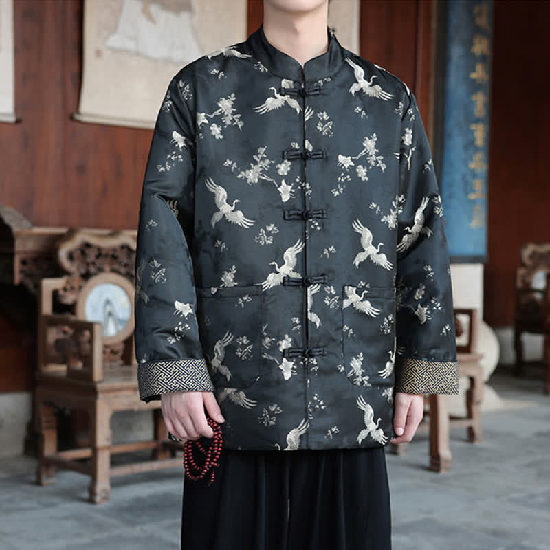 Buddha Stones Chaquetas de hombre estilo Tang vintage con cuello mandarín y estampado de grullas, ideales para otoño e invierno. - image 2